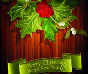 Christmas green ribbon with wooden background vector