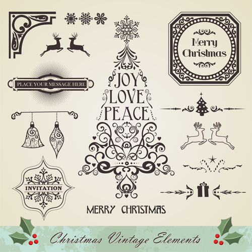 Christmas vintage ornaments elements vector set 01