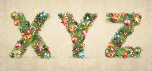 Creative Christmas Tree alphabet and number vector set 05