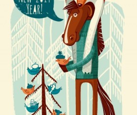 Funny horse 2014 New Year background vector 01