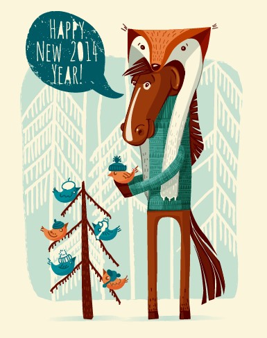 Funny horse 2014 New Year background vector 01