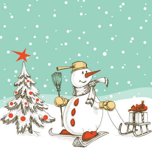 Hand-drawn snowman christmas background vector 04