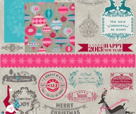 Vintage Christmas labels and elements vector set 01