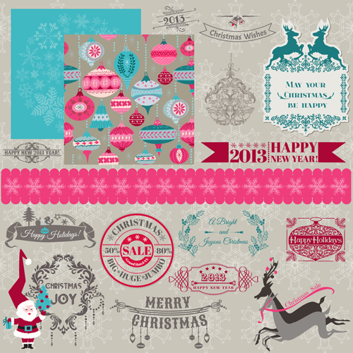 Vintage Christmas labels and elements vector set 01