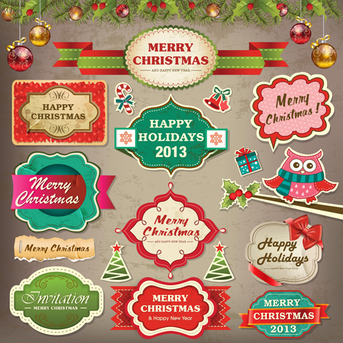Vintage Christmas labels and elements vector set 03