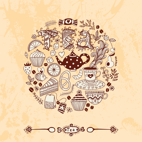Tea time design element vector background set 04