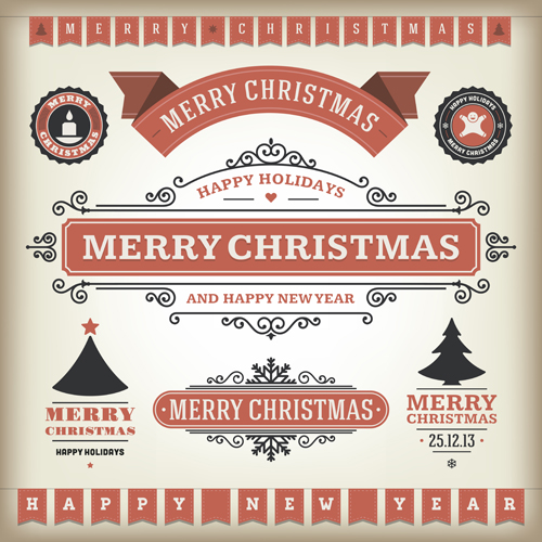 Vintage 2014 Christmas labels elements vector 01
