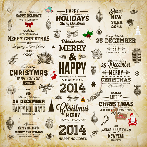 Vintage christmas and 2014 New Year with holiday elements vector