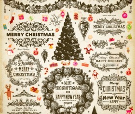 Vintage christmas frame and ornaments vector