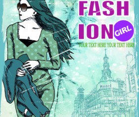 Winter girl with grunge background vector 01