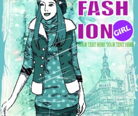 Winter girl with grunge background vector 02