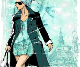 Winter girl with grunge background vector 03