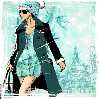 Winter girl with grunge background vector 03