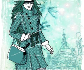 Winter girl with grunge background vector 04