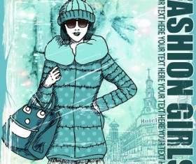 Winter girl with grunge background vector 05