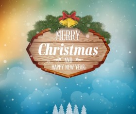 Wooden christmas label and winter background vector 01