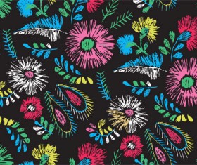 Hand drawn colored flower and feather pattern vector