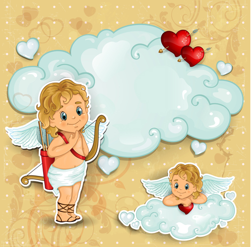 Romantic cupids with text cloud valentine day element vector 02