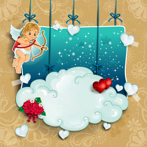 Romantic cupids with text cloud valentine day element vector 04