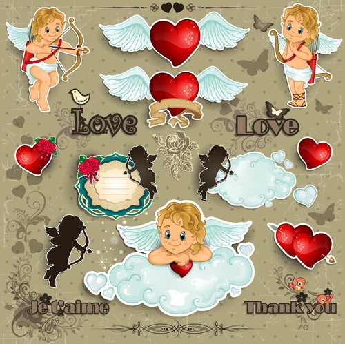 Romantic cupids with text cloud valentine day element vector 05