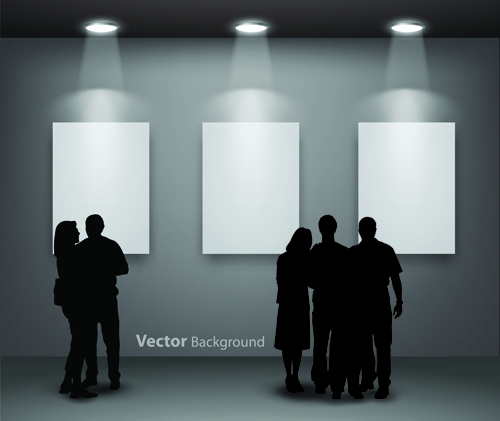 Gallery background and people silhouettes vector set 01