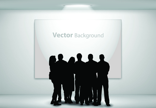 Gallery background and people silhouettes vector set 02