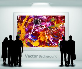 Gallery background and people silhouettes vector set 03