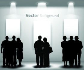 Gallery background and people silhouettes vector set 04