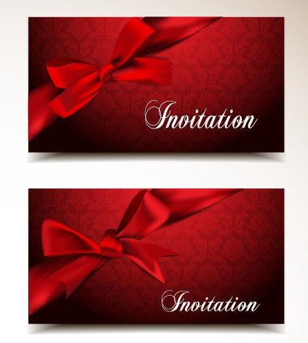 Red bow and red background Invitation cards vector 01