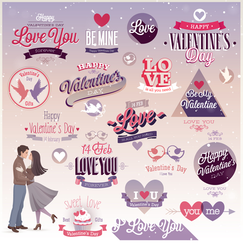 Vintage Valentine Day ornament labels vector 02