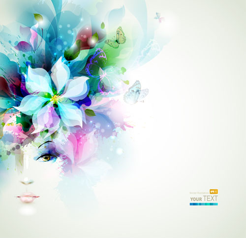 Floral girls with watercolor vector background 01