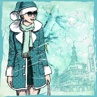 Fashion girl with winter background vector 02