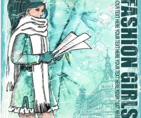 Fashion girl with winter background vector 03