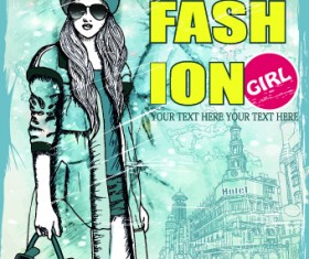 Fashion girl with winter background vector 04