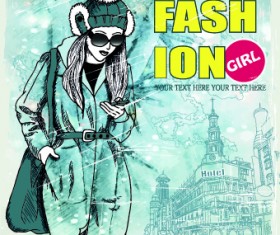 Fashion girl with winter background vector 05