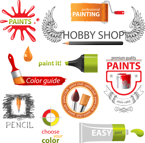 Colored paint objects design elements vector 01