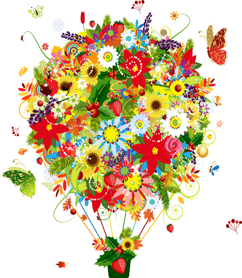 Flower baskets and butterfly vector 01