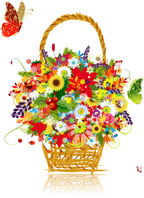 Flower baskets and butterfly vector 02