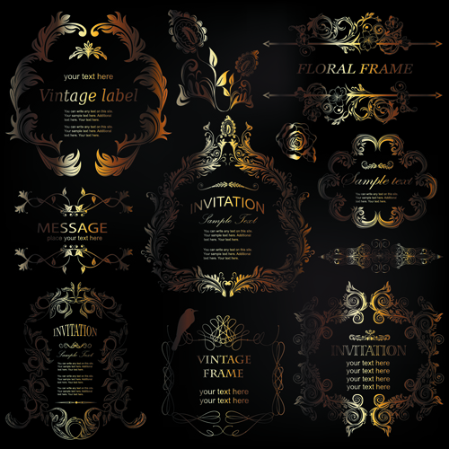 Golden ornament labels with vintage frames vector 01