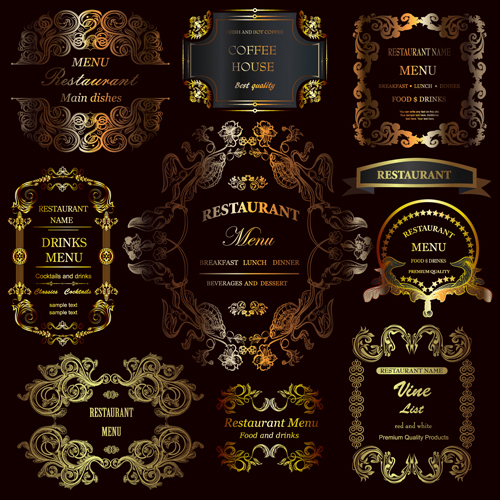 Golden ornament labels with vintage frames vector 03