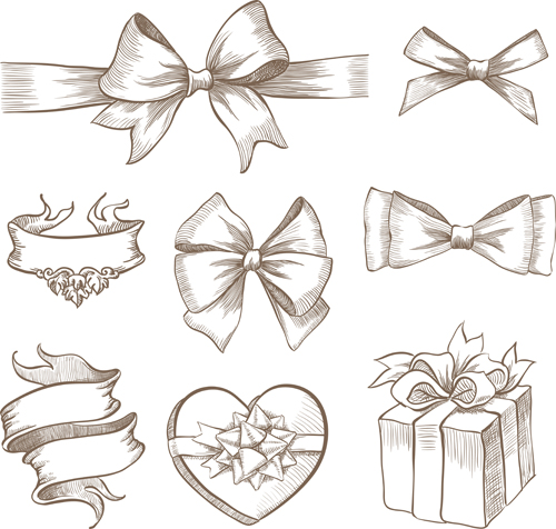 Hand drawn ribbon bow and gift boxes vector 01