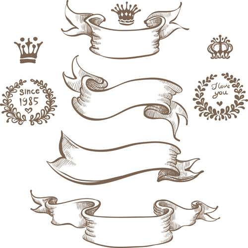 Download Retro hand drawn ribbon with ornaments vector 01 free download