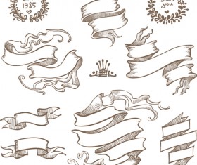 Retro hand drawn ribbon with ornaments vector 04