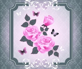 Beautiful pink roses with vintage background vector 04