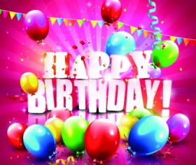 Shiny Happy Birthday Colored Balloons with ribbon background