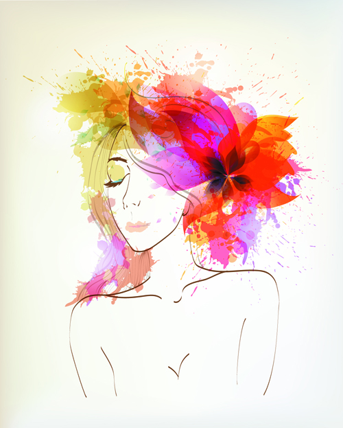 Watercolor floral woman creative design 01
