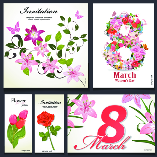 8 march flower Invitation cards vectors set 01