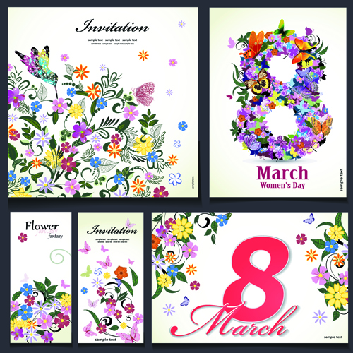 8 march flower Invitation cards vectors set 02