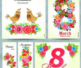 8 march flower Invitation cards vectors set 03