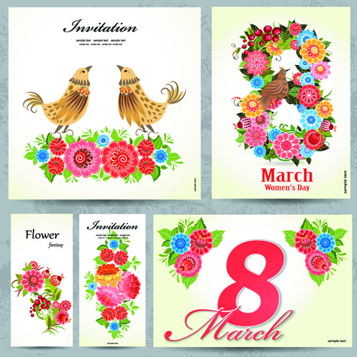 8 march flower Invitation cards vectors set 03